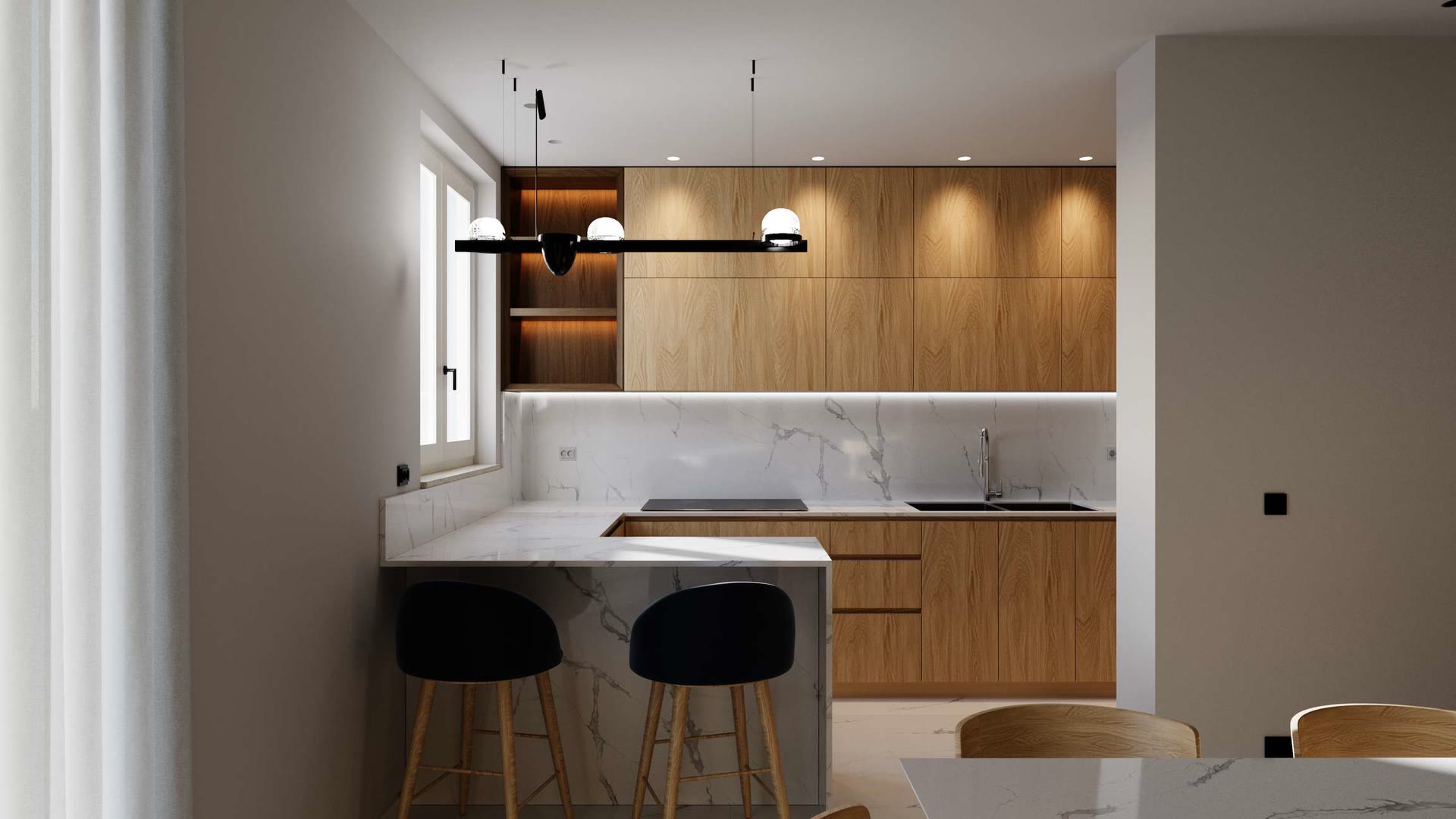 Casa AN: cucina in rovere senza maniglie con penisola in gres effetto marmo