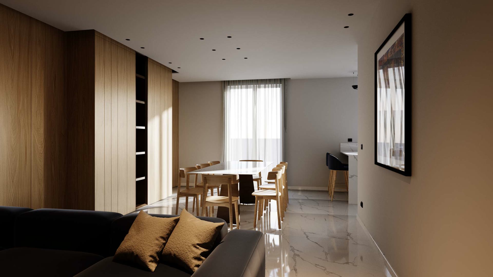 Casa AN: zona pranzo con tavolo in legno vista dal divano