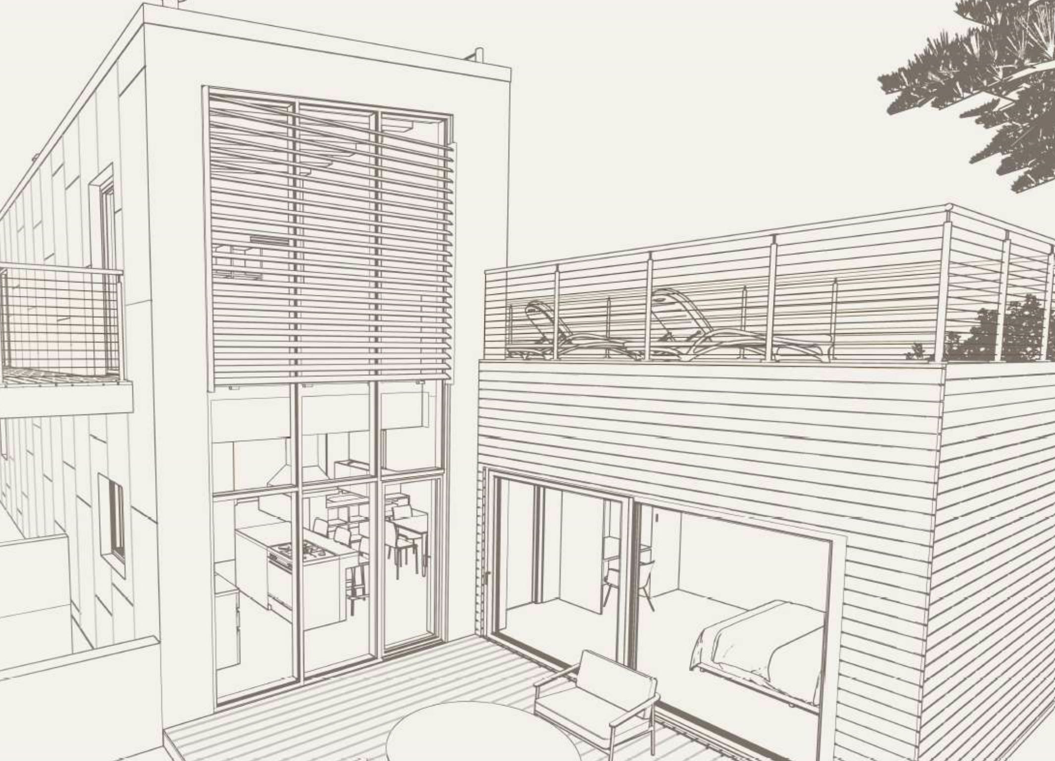 Disegno prospettico della villa: patio, frangisole e terrazza