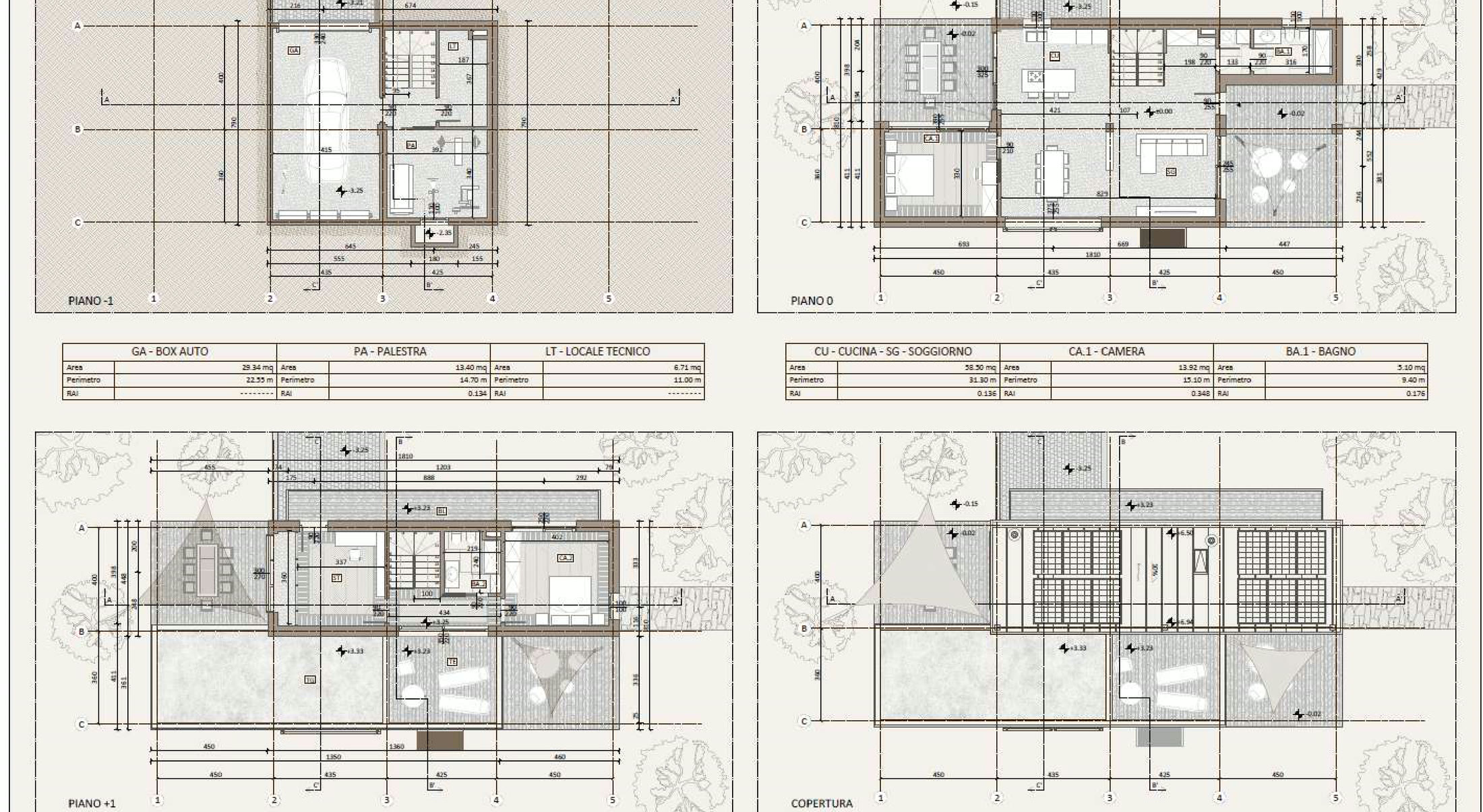 Piante architettoniche dei tre livelli e della copertura